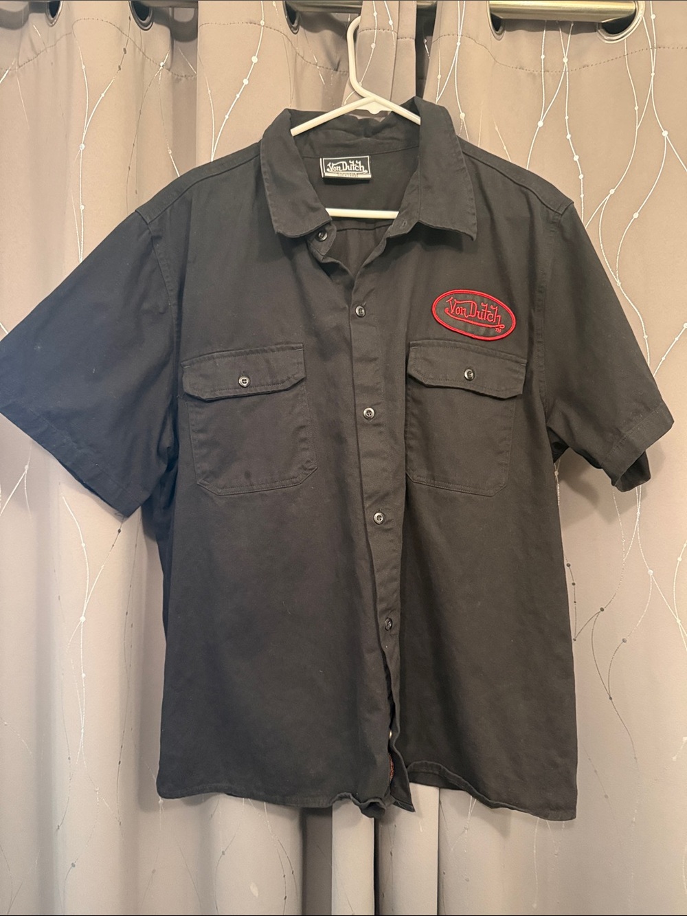 Von Dutch Black Short-Sleeve Button-Down Shirt with Red Logo Patch